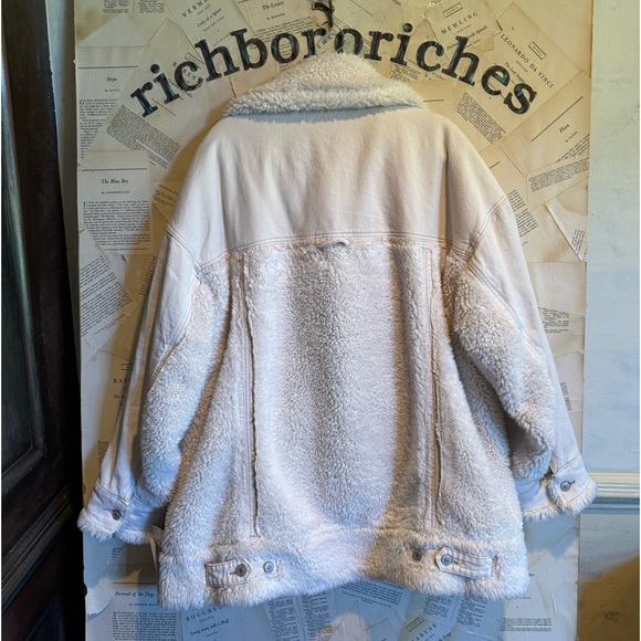 Free People Holly Cozy Denim Jacket We The Free Faux Fur Collar Trim Ivory - Picture 7 of 7